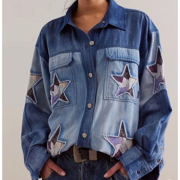 We The Free NWT Free People To The Stars Denim Top Size Large Patchwork Stars - Picture 1 of 8